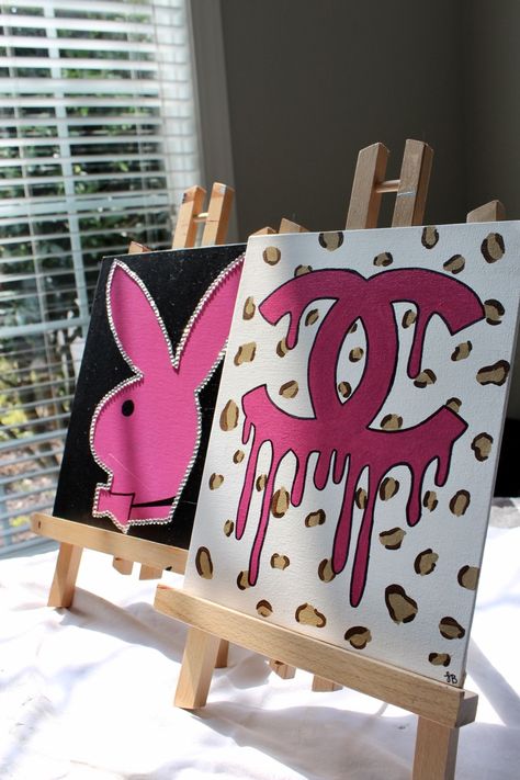 Bunny Canvas Painting, Neon Art Painting, Bunny Canvas, Themed Paintings, Tufting Diy, Chanel Set, Hippie Painting, Small Canvas Paintings, Pop Art Canvas