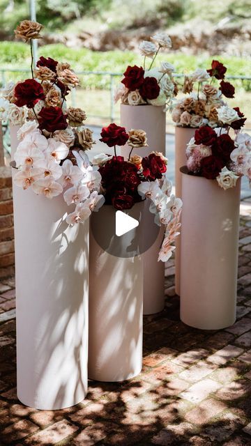 The Flower Farmer & The Florist on Instagram: "Every time I share a video or photo of our textured plinths I get asked where I purchased them from. I actually created them myself 😆 I use them all the time so today I’m sharing how I built these gorgeous plinths so you can too.   They are perfect for wedding work and to use as a prop for your flower photos. 🌷" Cylinder Decor Ideas, Flower Columns Wedding, Diy Flower Pillars, Diy Pillars Columns, Wedding Columns, Wedding Pillars, Backyard Dinner Party, Flower Tower, 50th Anniversary Party