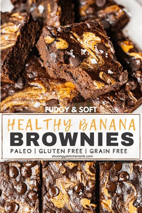 Oh my gosh, this flourless Banana Brownie recipe is a delicious dessert that can be made in less than 30 minutes! Sweetened by ripe bananas, this rich and gooey brownie recipe is perfect for the whole family to enjoy! It sure has become a fan favorite in the SKS community and it will be your new family favorite as well! Healthy Banana Brownies, Chocolate Banana Brownies, Banana Bread Brownies, Banana Brownies, Banana Dessert Recipes, Grain Free Desserts, High Protein Desserts, Healthy Brownies, Protein Desserts