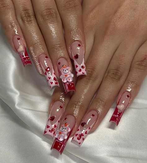 Valentines Nails Coffin Long, Valentines Day Junk Nails, Strawberry Acrylic Nails, Hk Nails, Junk Nails, Long Acrylic Nail Designs, Dope Nail Designs, Pretty Gel Nails, Really Cute Nails