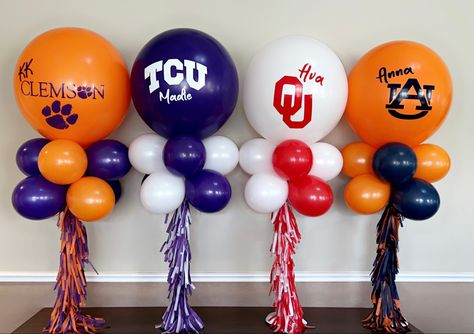 University Send Off Party, Clemson Themed Graduation Party, Senior Cheer Table Ideas, Senior Signing Day Table, Athletic Signing Day Tables, Signing Day Table College, Athletic Banquet Decorations, College Signing Day Table Ideas, Signing Day Table Ideas