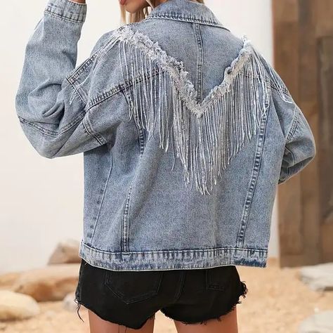 Sequin Fringe Stylish Plain Washed Blue Casual Versatile Long Sleeve Denim Jacket Coat, Women's Denim Jeans & Clothing,temu Fall Streetwear, Fitted Denim Jacket, Long Sleeve Denim Jacket, Denim Outfits, Trendy Jeans, Blue Tassel, Sequin Jacket, Blue Denim Jacket, Denim Coat Jacket