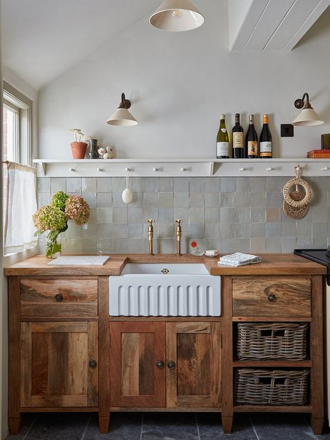 In the Tightest Corners of This Cottage, a Designer Squeezed a Shower, Mini Fridge, and More — Domino Cottage Kitchen Fridge, Living Room To Kitchen, Utility Sinks, Kitchen Concept, Kitchen Fridge, Kitchen Fridges, Utility Sink, Kitchen Concepts, Cottage Kitchen