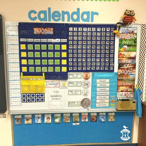 I like the way she has her calendar area set up- won't do all for preschool but calendar with numbers on side, colored squares for wkend vs week and months are cool Kindergarten Calendar Wall, 1st Grade Calendar, First Grade Calendar, Kindergarten Calendar, Kindergarten Classroom Decor, Calendar Math, Classroom Makeover, Preschool Homeschool, Calendar Wall