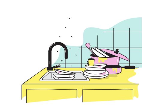 #illustration #design #illustrationdesign #creative #creativedesign #kitchen #kitchendesign #dish #dishes #dirtydishes #plates #dirtyplates #sink #kitchensink Sink Illustration, Water Spout, Dirty Dishes, Amazing Drawings, Creative Illustration, Retro Illustration, Clean Kitchen, Kitchen Sink, Illustration Design