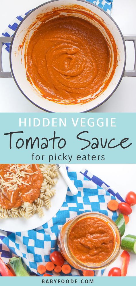 Veggie-Loaded Tomato Sauce for Toddlers + Kids (Great for Picky Eaters!) — Baby FoodE | Adventurous Recipes for Babies + Toddlers Vegetable Tomato Sauce, Easy Homemade Tomato Sauce, Pasta Recipes For Kids, Hidden Vegetables, Picky Eaters Kids, Veggie Pasta, Hidden Veggies, Recipes For Kids, Homemade Tomato Sauce