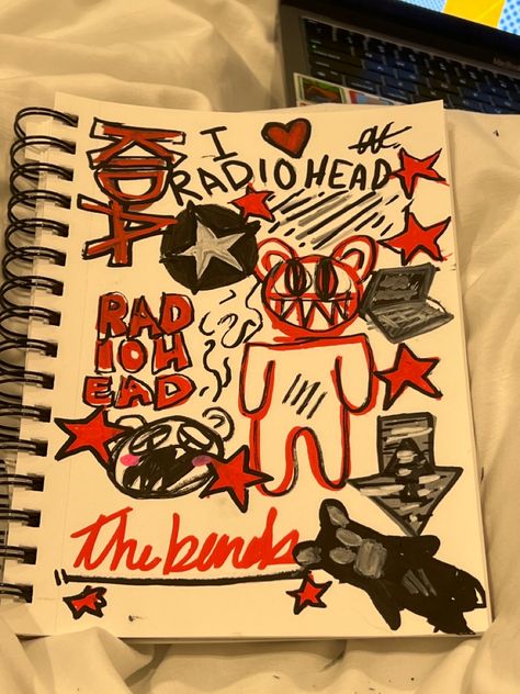 Radiohead Painting Ideas, Japanese Graffiti Art, Radiohead Doodle, Sketch Book Collage Ideas, Radiohead Sketch, Radiohead Painting, Paint Pen Art Ideas On Canvas, Radiohead Drawing, Posca Pens Art Ideas