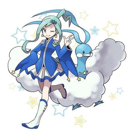 Pokémon - Lucia and 334 Altaria art by ミズ (Pixiv) Lucia Pokemon, Pokemon Lisia, Lisia Pokemon, Pokemon Oras, Pokémon Oras, Starry Background, Aqua Hair, Aqua Eyes, Asymmetrical Hairstyles