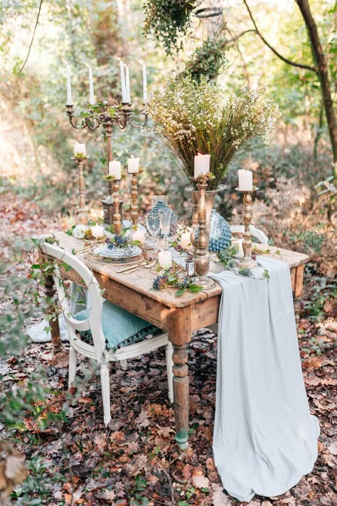 Powder Blue And Gold Romantic Victorian Woodland Wedding Ideas Whimsical Wedding Theme, Outdoor Dinner Party, Romantic Wedding Receptions, Enchanted Forest Wedding, Outdoor Dinner, Victorian Wedding, Salou, Whimsical Wedding, Woodland Wedding