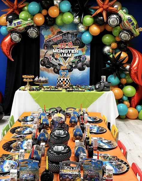 Monster Truck Desert Table, Monster Truck Party Favors Ideas, Monster Trucks Birthday Party Ideas, Megalodon Monster Truck Birthday Party, Monster Truck Birthday Party Games, Monster Jam Birthday Party Ideas Food, Monster Jam Theme Birthday Party, Monster Jam 3rd Birthday, Monster Truck Dessert Table