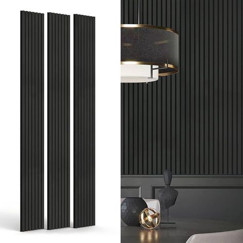 Amazon.com: INNO STICKERS 3-Piece Wood Slat Wall Panel for Interior Wall Decor Noise Cancelling 94.5" x 11.4" Acoustic Decorative 3D Sound Absorbing Wall Paneling, Black Oak, Covers 22.4 Sq.Ft : Tools & Home Improvement Soundproofing Panels Design, Wood Slat Panelling, Black Panel Wallpaper, Theater Room Wall Ideas, Home Theater Wall Decor, Boho Wall Panelling, Black Wall Accent Bedroom, Bathroom With Wall Panels, Esthetics Room Black