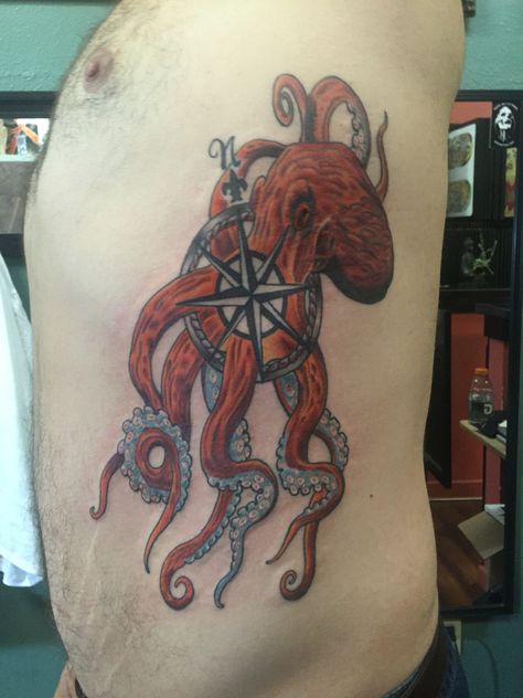 Octopus, tattoo, compass rose, nautical, Venti Tattoo, Tattoo Compass Rose, Kraken Tattoos, Small Octopus Tattoo, Nautical Tattoos, Nautical Tattoo Sleeve, Octopus Tattoo Sleeve, Cross Ideas, Ocean Tattoo