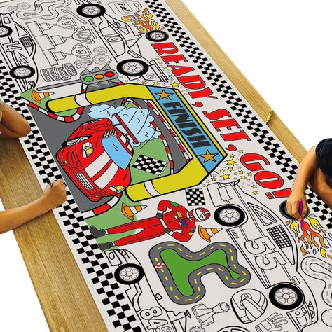 PRICES MAY VARY. RACE CAR THEME - Vroom! Vroom! Our giant race car coloring poster includes everything you might find at a motor speedway. Trophies, traffic cones, tracks, a finish line and of course a driver and his race cars! BIG COLORING BANNER - Your order includes one 30" x 72" inch large paper coloring poster. Its big size doesn't just help create a large arts and crafts area...it also can serve as a tablecloth, keeping your table clean from the kid's messes. FUN KEEPSAKE - After coloring Giant Coloring Poster, Race Car Themes, Car Banner, Coloring Posters, Race Car Party, Race Car Birthday, Car Themes, Paper Banners, Wall Construction