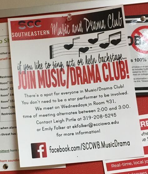 A poster encouraging students to join the Music/Drama club. Join Club Poster, Social Media Content Planner, Drama Club, Club Poster, School Clubs, Content Planner, Community College, Student Encouragement, Social Media Content