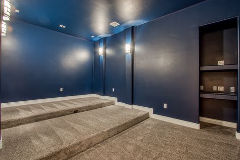 Custom Movie Theater Room | Multi-Level | Blue Walls | Texas Builders Movie Theater Room, Movie Theater Rooms, Home Cinema Room, Home Gallery, Theatre Room, Theater Room, Theater Seating, Home Theater Seating, Cinema Room