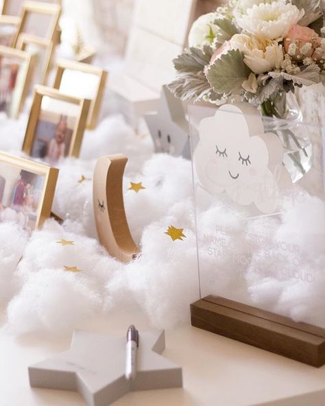 Moon And Cloud Centerpieces, Moon And Star Baby Shower Centerpieces, We’re Over The Moon Baby Shower Ideas, Cloud Table Centerpiece, Cloud Baby Shower Centerpieces, Over The Moon Centerpiece Ideas, Over The Moon Baby Shower Centerpiece, Moon Baby Shower Centerpiece, Over The Moon Centerpiece