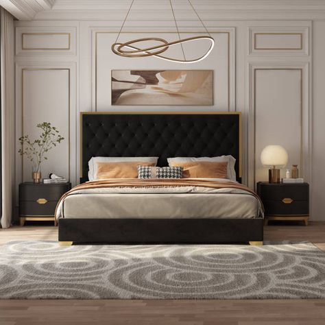 Everly Quinn Vanity & Reviews | Wayfair Black And Gold Bedroom Decor, Black Velvet Bed, Platform Bed Upholstered, Tufted Platform Bed, Black Bed Frame, Gold Bed, Black Headboard, Yellow Bedding, Fabric Headboard