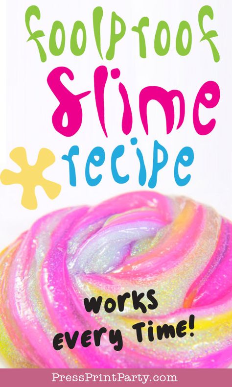 Foolproof slime recipes for hours of gooey fun. Easy and foolproof slime recipes. Without borax (with contact solution) and with borax and glue. Fluffy slime, clear slime, glitter slime, foam slime, puffy slime. Easy for kids homemade slime. W. tips on how to make slime un-sticky or not rubbery. Basic stretchy slime recipes you can modify on your own. Made with Elmers glue. Clear and white glue. with lotion, shampoo, soap and other ingredients. #slime Press Print Party! Slime Recipe Clear Glue, Slime Recipe Clear, Easy Slime Recipes, Puffy Slime, Jiggly Slime, Cool Slime, Stretchy Slime, Slime Easy, Slime Clear