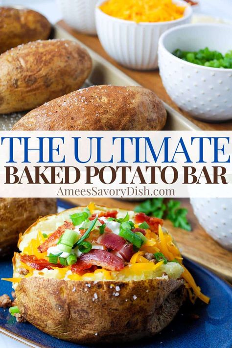 Loaded Baked Potato Bar Ideas, Oven Baked Loaded Potatoes, Loaded Baked Potato Toppings, Loaded Baked Potato Bar Toppings, Bake Potatoes Topping Ideas, Backed Potatoe Bar Ideas, Baked Potatoes Toppings Ideas, Bake Potatoes Bar Ideas, Baked Potato Bar Birthday Party