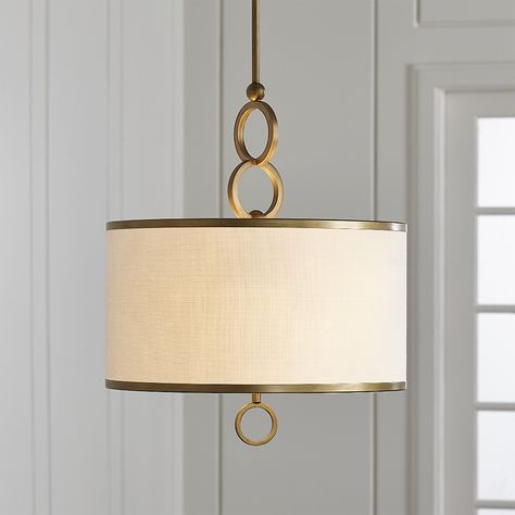 Shop Axiom 18" Brass Pendant.  We've updated the classic pendant lamp with sculptural circle and ball accents.   Axiom's smart pairing of brass-finished iron and off-white linen, update the kitchen or dining room with fresh, contemporary contrast. Drum Pendant Lighting Dining Room, Foyer Lighting Fixtures Entryway, Hallway Light Fixtures, Foyer Lighting Fixtures, Kitchen Lighting Design, Diy Pendant Light, Drum Pendant Lighting, Glass Extension, Pendant Lighting Dining Room