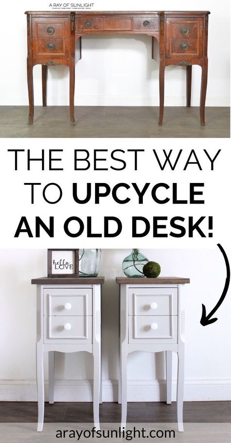 Don’t pass up old desks or vanities at thrift stores! After they are separated, they make the perfect size nightstands for a small bedroom. These nightstands are also the perfect height next to a bed! Here’s how to upcycle a desk into a pair of nightstands. Get more furniture makeover ideas here! Bedroom Furniture Names, Painted Nightstand, Nightstand Makeover, Pretty Furniture, Style Nightstand, Gray Farmhouse, Old Desks, Shabby Chic Farmhouse, Chic Farmhouse