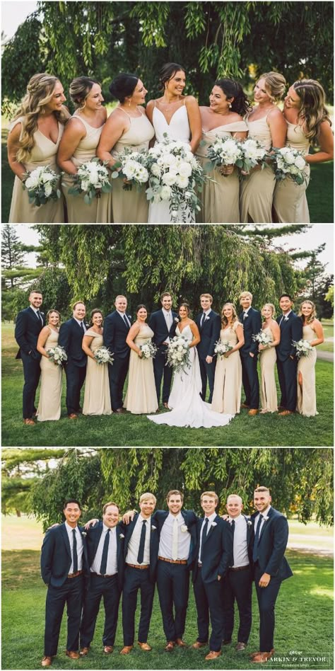 Navy Suits With Champagne Dresses, Navy Champagne Wedding Colors, Navy Suits And Navy Bridesmaid Dresses, Navy Groomsmen And Bridesmaids Color Schemes, Navy Suits Champagne Dresses, Navy And Champagne Bridal Party, Champagne And Navy Blue Wedding Color Schemes, Navy And Champagne Suit, Navy And Khaki Wedding