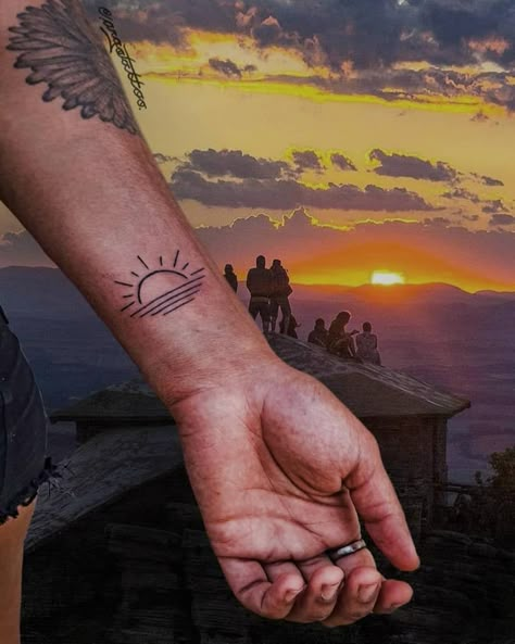 Sun Forearm Tattoos Men, Wrist Sunset Tattoo, Mens Sunset Tattoo, Mens Sun Tattoo Ideas, Simple Sun Tattoo Men, Sun Tattoo Men Arm, Sun Men Tattoo, Sun Armband Tattoo, Sunrise Wrist Tattoo