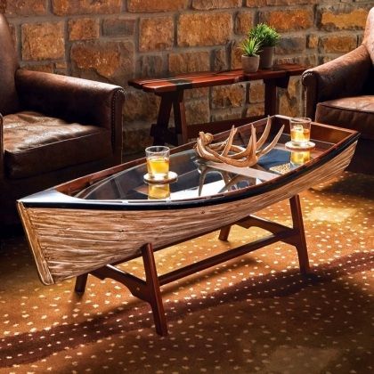 rustic furniture log house ideas boat coffee table designs Drift Boat, Boat Furniture, Boat Table, Creative Furniture, Coffee Table Design, Decorating Coffee Tables, Rustic Furniture, Unique Furniture, 인테리어 디자인