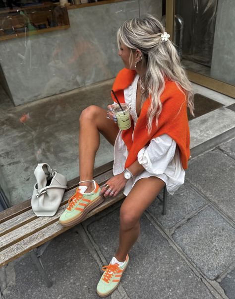 outfit inspo, spring outfit, spring inspo, cute outfit idea, coastal, coastal outfit, coastal grandma Adidas Gazelle Bold Outfit, Gazelle Bold Outfit, Gazelle Outfit, Farmers Market Outfit, Market Outfit, Adidas Gazelles, Grandma Aesthetic, Gazelle Bold, Colorful Outfit