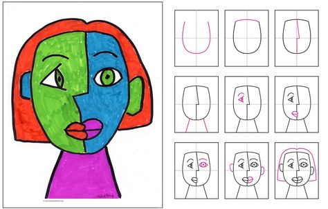 cubismo - instrucciones para dibujar la cara ... será útil en la lección de Picasso Art 2nd Grade, Classe D'art, Art Picasso, 2nd Grade Art, Art Projects For Kids, Cubism Art, Drawing Faces, Picasso Art, Homeschool Art