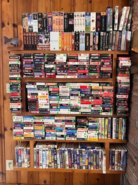 Movie collection in the 90s. VHS nostalgia, video shelf. 1990s Life, Vhs Collection, Mood 2024, Dvd Shelves, Physical Media, Cube Shelves, Movie Collection, House Of Cards, Horror Story