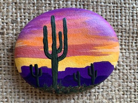 Desert Scene Painted Rock Saguaro Cactus Desert Sunset | Etsy Painted Rock Cactus, Rock Cactus, Sunset Desert, Desert Decor, Diy Rock Art, Desert Scene, Stone Art Painting, Cactus Desert, Cactus Painting