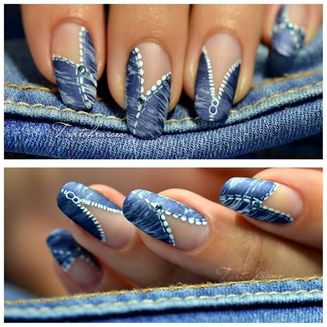 A good pair of jeans will never go out of style, especially when they're on a set of nails. Denim Nails Ideas, Nailart Tutorial, Blue Nail Art Designs, Emerald Nails, Valentine Nails, Nail Art For Beginners, Heart Nail Art, Nagel Tips, Blue Nail Art