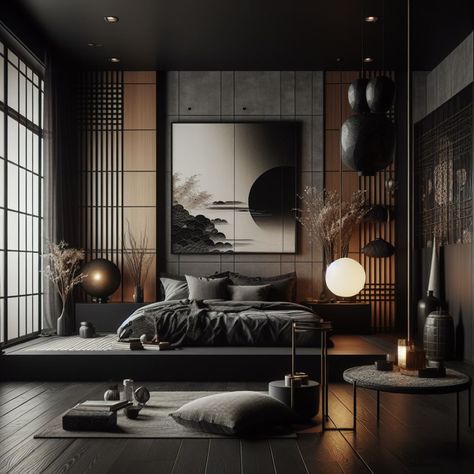 japandi design Dark Modern Japanese Interior, Japanese Living Room Ideas Modern, Black Japandi Bedroom, Japanese Minimalism Bedroom, Black Japandi Living Room, Japanese Inspired Bedroom Small Spaces, Zen Japanese Interior, Dark Japandi Living Room, Modern Interior Design Dark