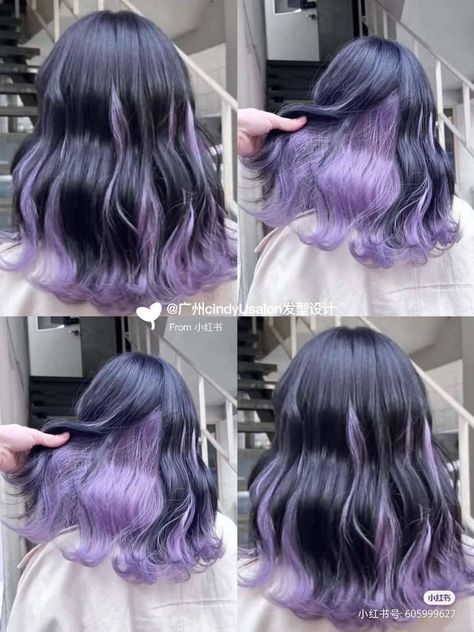 Lilac Tips Hair, Lilac Hair Highlights On Black Hair, Black With Lavender Highlights, Black And Pastel Purple Hair, Hair Color Ideas For Short Black Hair, Black Hair With Lilac Highlights, Purple Balayage Hair Brunettes, Purple Hair Highlights On Black Hair, Dark Purple Dyed Hair