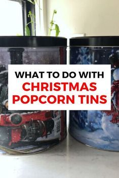 Christmas Popcorn Tins, Repurposed Home Decor, Cheap Planters, Wall Mounted Christmas Tree, Home Decor Cheap, Popcorn Tins, Christmas Popcorn, Tin Planters, Popcorn Tin