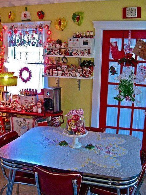 Old as Dirt Alt Kitchen Ideas, Alt Kitchen, Cluttered Room, Red Shelves, Funky Kitchen, Living Colors, Kabinet Dapur, Yellow Kitchen, Cozy Kitchen