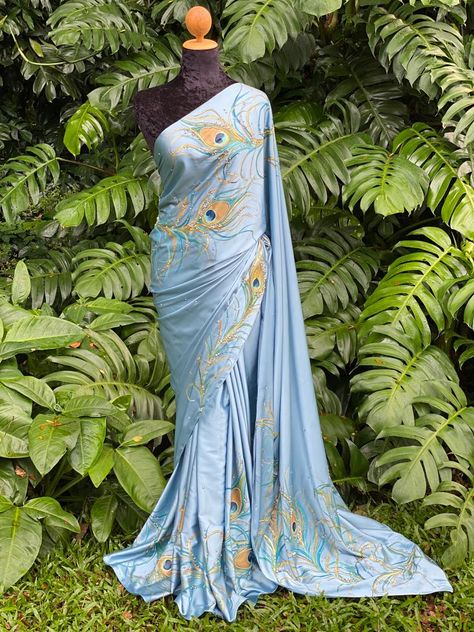 By Tisyha Peacock Saree, Hand Printed Saree, Saree Painting Designs, Fabric Paint Diy, Saree Painting, Design Saree, Fabric Painting On Clothes, Floral Wreath Watercolor, Fancy Sarees Party Wear