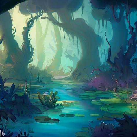 Fairy Swamp Aesthetic, Swamp Landscape Art, Fantasy Swamp Art, Feywild Landscape, Fairy Environment, Swamp Concept Art, Swamp Illustration, Swamp Core, Swamp Terrain