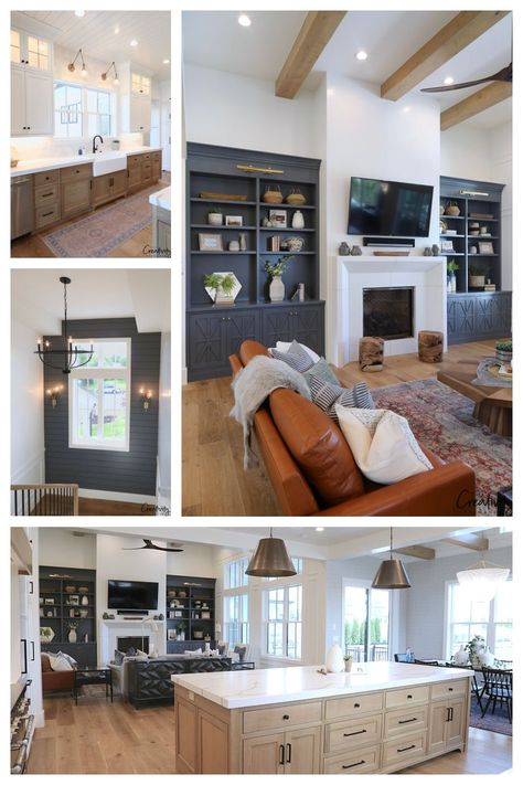 Modern Farmhouse Home Tour: Millhaven Homes Farmhouse Transitional Living Room, Modern Farmhouse Transitional, The Creativity Exchange, Millhaven Homes, Light Fixture Farmhouse, Farmhouse Wall Decor Ideas, Modern Farmhouse Ideas, Brick Accent Walls, Materials Board Interior Design