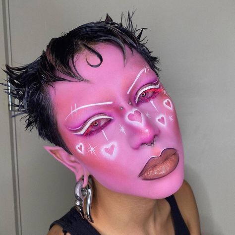 Pink Demon Makeup, Profile Makeup, Halloween Moodboard, Modeling Studio, Race Fashion, Pink Demon, Drag Ideas, Demon Makeup, Funky Makeup