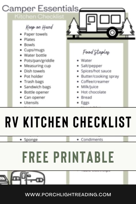 RV and travel trailer kitchen supply checklist to keep you organized before you hit the road. Free checklist printable plus meal plan printables. #campingchecklist #traveltrailer Rv Food, Kitchen Checklist, Rv Checklist, Rv Camping Tips, Rv Organization, Rv Kitchen, Meal Planning Printable, Porch Light, Sauce Pot