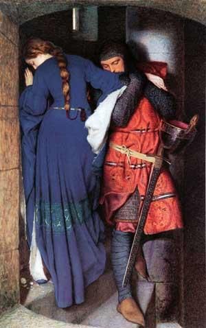 "Meeting on the Turret Stairs" aka "Hellelil and Hildebrand" by Sir Frederic William Burton, Based on a story of ill-fated love, this painting shows a tender moment between two doomed lovers. Turret Stairs, Courtly Love, Era Victoria, Pre Raphaelite Art, Medieval Paintings, Romantic Paintings, Pre Raphaelite, Historical Art, Romantic Art