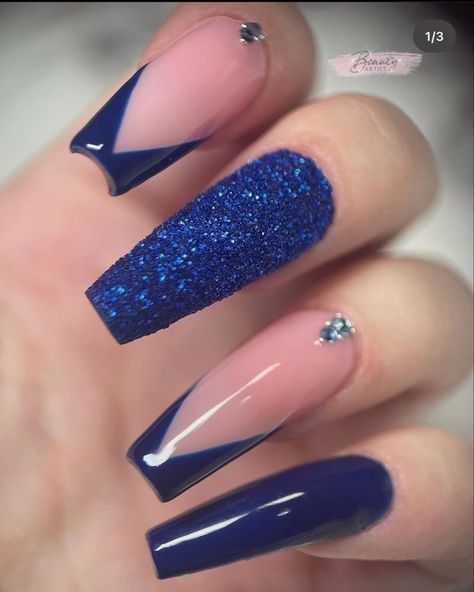 The latest nail style trend to hit Instagram is a creative way to celebrate the season. Users are uploading images of nails painted to look like the knit sweaters that are perfect for this time of the year.  .. Long Nails Inspiration Blue, Navy Blue Prom Nails Silver, Royal Blue Acrylic Nails For Graduation, Blue Silver Acrylic Nails, Blue And Silver Nails Acrylic, Dark Blue Acrylic Nails Design, Black And Royal Blue Nails, Blue Nails Acrylic Design, Blue Nails For Prom