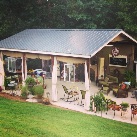 Backyard Shed for gatherings or parties!   'Callahan Country Shed' Party Shed, Shed House Ideas, Country Backyards, Pool Shed, Outdoor Glider, Backyard Storage, Outdoor Remodel, Storage Shed Plans, Shed Plan