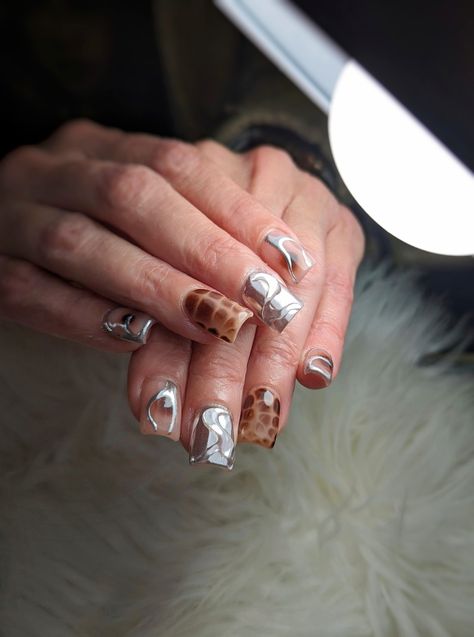 Abstract chrome with Bloom gel Brown and silver nails Silver And Brown Nails, Brown And Silver Nails, Abstract Nail, Brown Nails, Silver Nails, Brown Silver, Nail Tech, Nail Design, Press On Nails