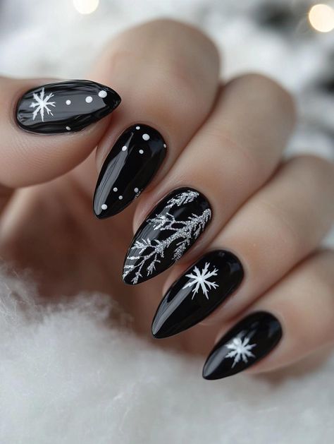 Elevate your holiday style with 23 striking black Christmas nail creations. These chic designs blend festive spirit with gothic elegance, offering a unique twist on traditional manicures. Explore a world of inky hues and shimmering accents that will make your nails the star of every winter celebration. Noel Nails, Acrylic Nail Trends, Black Christmas Nails, Black Nails With Glitter, Holiday Nails Winter, Black Manicure, Matte Black Nails, Festive Nail Art, Winter Nails Acrylic