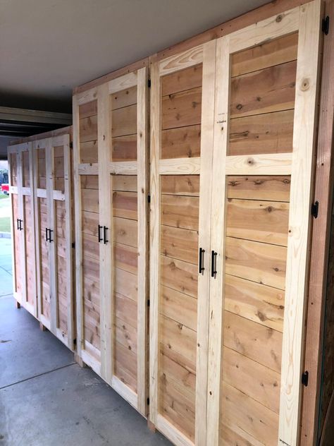 Diy Garage Shelving With Doors, Garage Shelving With Sliding Doors, Garage Storage Door, Storage Cabinets With Doors Plans, Basement Storage Cabinets With Doors, Homemade Garage Shelves, Diy Garage Closet, Garage Cabinet Plans, Man Cave Garage Storage Cabinets