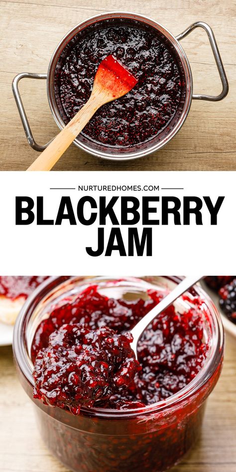 Refrigerator Blackberry Jam Recipe (No Pectin Required!) - Nurtured Homes Blackberry Jam No Pectin, Blackberry Jam Recipe, Berry Jam Recipe, Homemade Blackberry Jam, Refrigerator Jam, Tomato Jam Recipe, Blackberry Jam Recipes, Peach Jam Recipe, Breakfast Spread