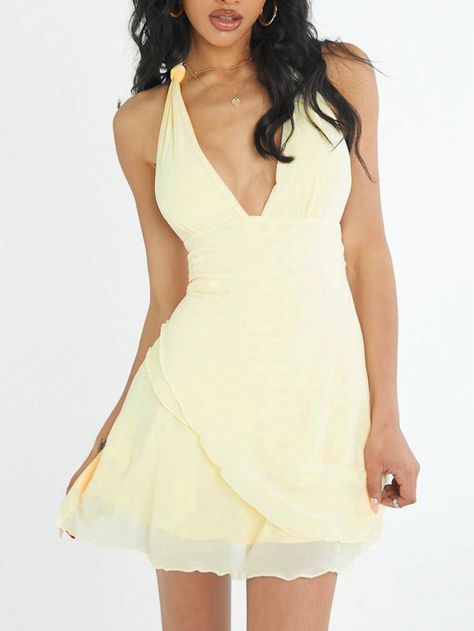 Amarillo Sexy Collar sin mangas Tela tejida Liso Apretado Embellished Estiramiento medio Yellow Formal Dress Short, Halter Hoco Dress, Yellow Hoco Dress Short, Yellow Hoco Dress, Yellow Short Dress, Recruitment Dresses, Light Yellow Dress, Short Halter Dress, Yellow Formal Dress